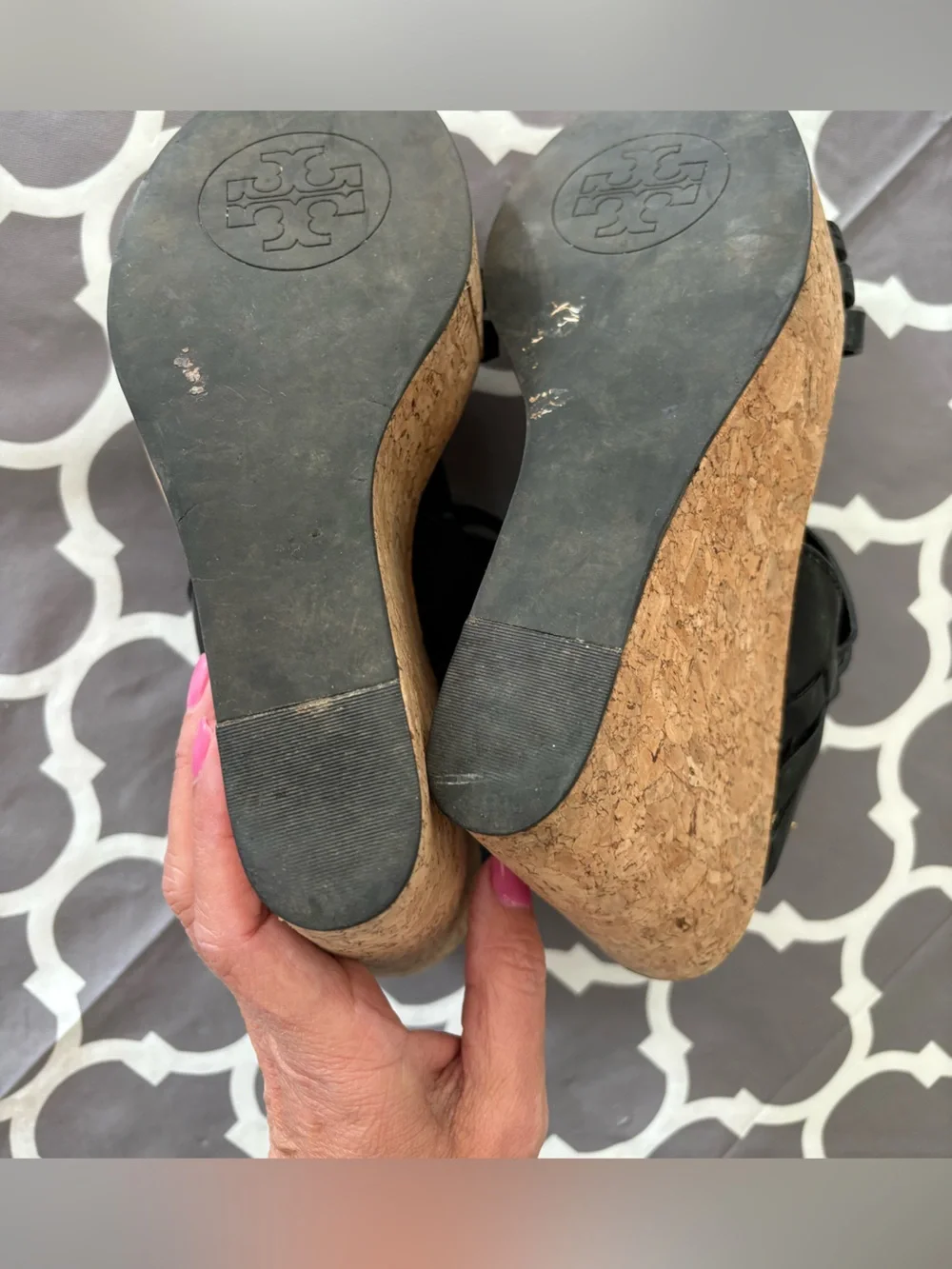 Tory Burch Leslie Black Leather Cork Wedge Sandals